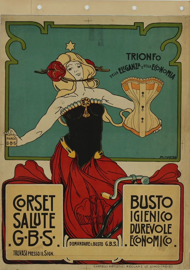 Corset Salute G.B.S. figura femminile in bicicletta regge un corsetto - Museo Nazionale Collezione Salce, Treviso